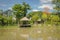 Landscape view of Traditional waterfront wooden pavilion locate nearly lake.