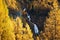 Landscape view of a waterfall surrounded by golden larches in autumn