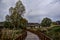 Landscape view of wooden path over marsh.