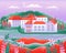 Landscape village, hills, trees, river, lake, forest. Rural valley Farm countryside with house, farm, building in flat style