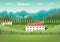 Landscape village, mountains, hills, trees, forest. Rural valley Farm countryside with house, building, fence in flat style design