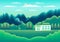 Landscape village, mountains, hills, trees, forest. Rural valley scene Farm countryside with house, building in flat style design