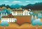 Landscape village, mountains, hills, trees, forest. Rural valley scene Farm countryside with house, building in flat style design