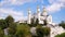 Landscape of Vitebsk, Belarus. Christian cathedral on mountain and river Dvina against the cloudy sky