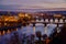 landscape with Vltava river and Karlov most at night in autumn in Prague