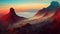 Landscape from volcanic mountains. Sleeping volcano. Rocky mountains against the backdrop of the sunset sea. Imitation