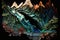 Landscape waterfalls and mountains made from carnival glass