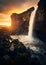 A landscape with waterfalls at sunset. A river with many stones.