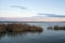 Landscape with waterline, reeds, birds and vegetation