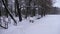 Landscape white snow park in winter in sanatorium with beautiful bridge by pond