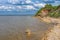 Landscape with wild beach on a hilly Kakhovka Reservoir located on the Dnipro River