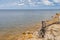 Landscape with wild pebble beach on Kakhovka Reservoir located on the Dnipro River