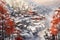 landscape winter eastern village in the mountains, with red trees, generative assistant, generated by AI.