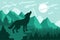 Landscape with wolf silhouette flat vector illustration