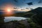 Landscape of wonderful glacier Vinderel Lake and Farcau Peak at the sunset. Mountain Maramures Nature Park. Natural reserve. Carpa