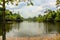 Landscape wooden bridge across water