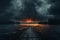 landscape, a wooden pier, night forest and river, dark dramatic sky