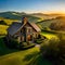 landscape yellow morning sunlight house mountain hill autumn nature sky flower estate evening tree meadow grass reflection green