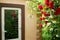 Landscaped front yard of a house with red roses flowers