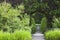 Landscaped garden with hedge arch opening to pond with a fountain statue .