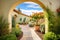 landscaped garden leading to a mediterranean homes arched entryway
