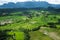 Landscaped high angle view of countryside Vang Vieng in Laos