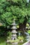 A landscaped Japanese garden with a Japanese stone lantern and bird statues in a pond in Californi