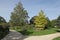 Landscaped urban park with walkways planted with beautiful trees