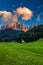 Landscapes with San Giovanni Church and small village in Val di Funes, Dolomite Alps, South Tyrol, Italy, Europe. San Giovanni in