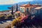 Landscapes of Sicilia, italian scenery, coastline view, village on mountain, digital painting