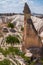 Landscapes from the structure of Cappadocia. Impressive fairy chimneys of sandstone in the canyon near Cavusin village.