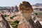 Landscapes from the structure of Cappadocia. Impressive fairy chimneys of sandstone in the canyon near Cavusin village.