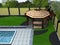 Landscaping arbor and poolside aerial view, 3D render