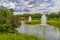 Landscaping. Beautiful pond with fountain in green park at Mezhgorye residence, Ukraine