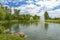 Landscaping. Beautiful pond with fountain in green park at Mezhgorye residence, Ukraine