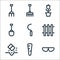 Landscaping equipment line icons. linear set. quality vector line set such as googles, carrot, seeding, fence, sickle, shovel,