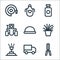 Landscaping equipment line icons. linear set. quality vector line set such as pruning shears, van, sprinkler, plant pot, hard hat