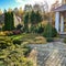 Landscaping of a garden with a green lawn, colorful decorative shrubs and shaped yew and boxwood, Buxus, in autumn