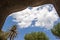 A landskape with trees and cloudy sky from inside an east architecture bui