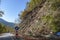 A landslide blocking part of a mountain road