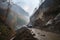 landslide blocking a road, with rescue vehicles on standby