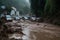 landslide blocks road, with cars and people trapped in the mud