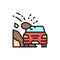 Landslides, accident on highway, stones collapsed on car flat color line icon.