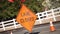 Lane Closed Sign with Orange Flags and Cones on Road