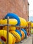 LANESBORO, MN - 26 AUG 2019: Stacks of yellow and blue inner tubes