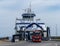 The Langeland Ferry unloading large trucks and lorries at the Spodsbjerg ferry terminal in South Denmark