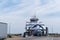 The Langeland Ferry unloading large trucks and lorries at the Spodsbjerg ferry terminal in South Denmark