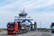 The Langeland Ferry unloading large trucks and lorries at the Spodsbjerg ferry terminal in South Denmark