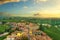 Langhe panorama, Barbaresco village and vineyards view at sunset, Piedmont, Italy Europe