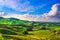 Langhe vineyards sunset panorama, Barolo, Piedmont, Italy Europe